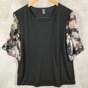Emery Rose Chic Black Blouse Top with Sheer Floral Flare‎ Sleeves Size XL